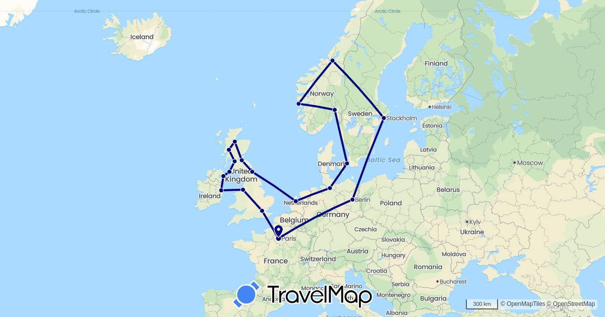 TravelMap itinerary: driving in Germany, Denmark, France, United Kingdom, Ireland, Netherlands, Norway, Sweden (Europe)